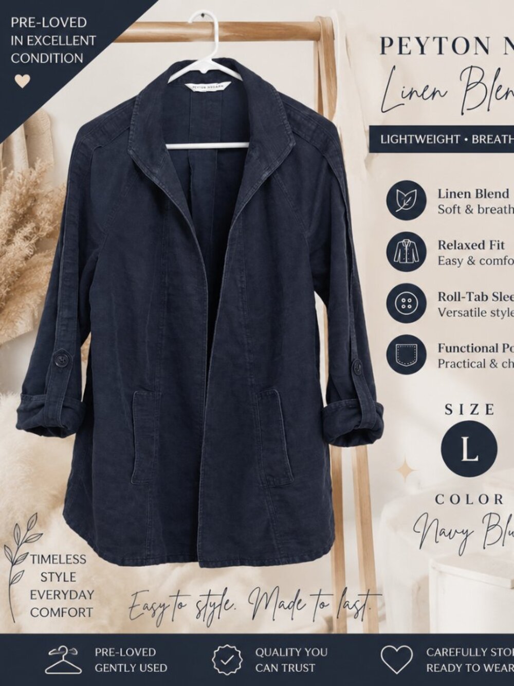 Peyton Nygard Women's Navy Blue Linen Blend Open Front Jacket Size L Lightweight